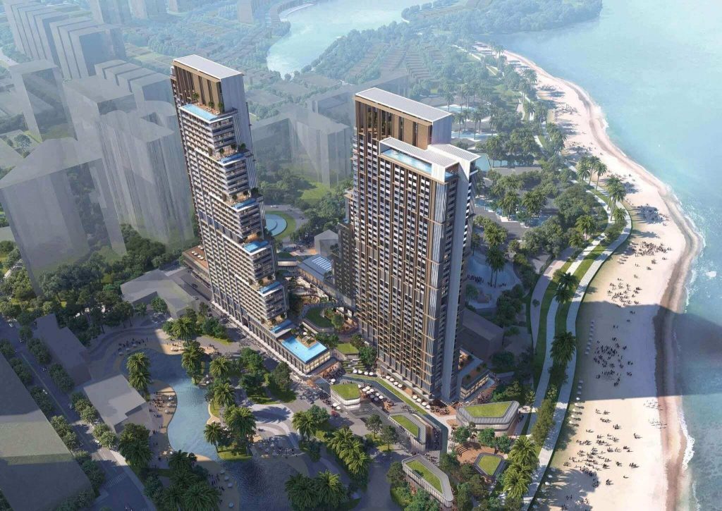 Phối cảnh tháp đôi Imperia Holiday tại Marina Bayfront District Hạ Long, gồm các tòa cao tầng hướng biển với hồ bơi vô cực trên cao, liền kề quảng trường biển và bãi tắm riêng.