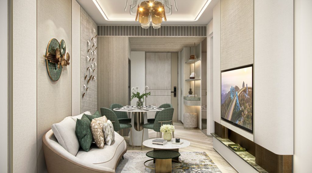 Nội thất căn hộ 1 phòng ngủ tại Imperia Holiday, thiết kế hiện đại với sofa cong, bàn tròn ăn 4 ghế, tường trang trí nghệ thuật, đèn trần độc đáo và tivi gắn tường, tạo nên không gian sống đẳng cấp và tiện nghi.
