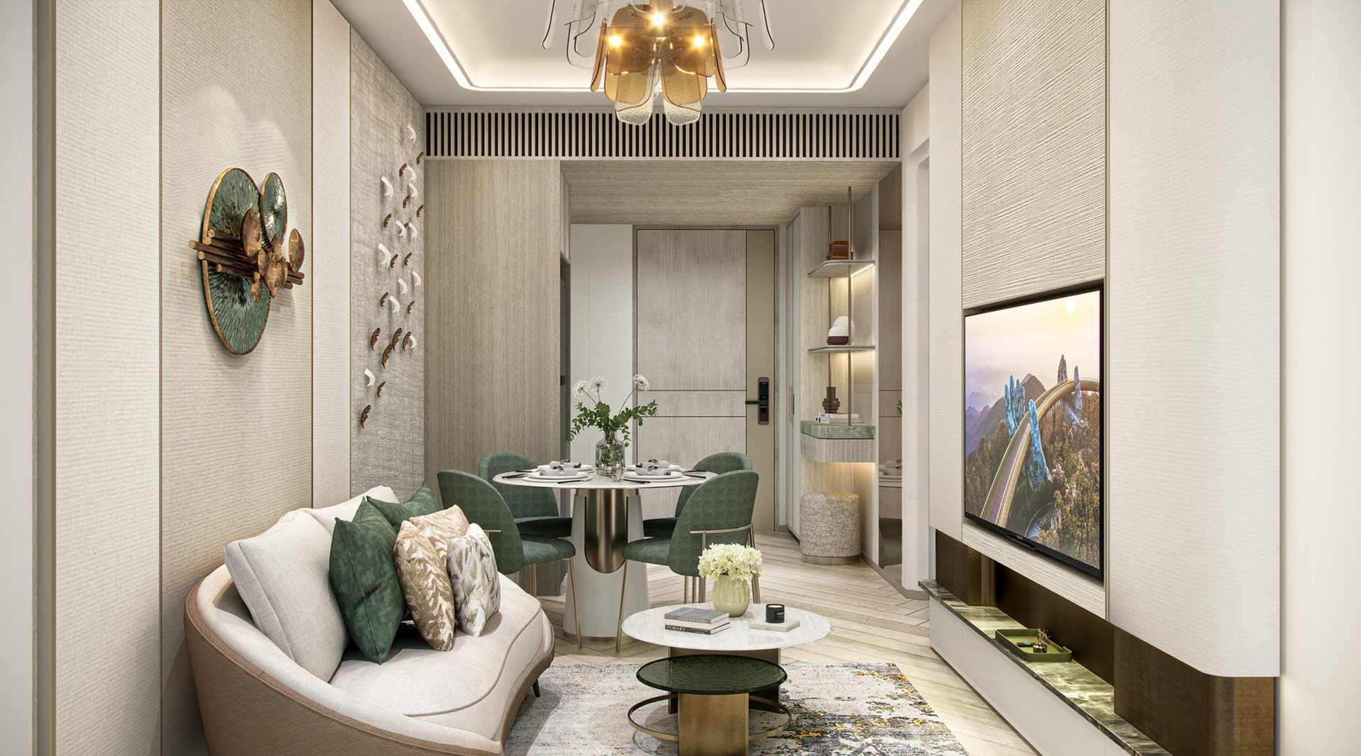 Nội thất căn hộ 1 phòng ngủ tại Imperia Holiday, thiết kế hiện đại với sofa cong, bàn tròn ăn 4 ghế, tường trang trí nghệ thuật, đèn trần độc đáo và tivi gắn tường, tạo nên không gian sống đẳng cấp và tiện nghi.