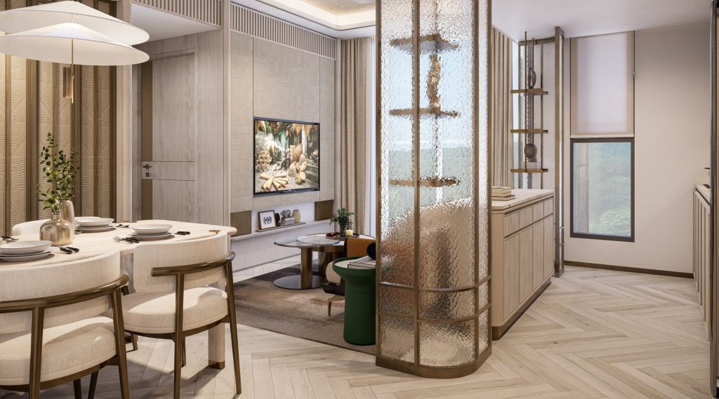Nội thất căn hộ 2 phòng ngủ tại Imperia Holiday với khu vực bàn ăn 4 ghế, phòng khách ấm cúng, vách kính nghệ thuật phân tách không gian, cửa sổ lớn đón ánh sáng tự nhiên, sàn gỗ xương cá và tông màu be nhã nhặn.