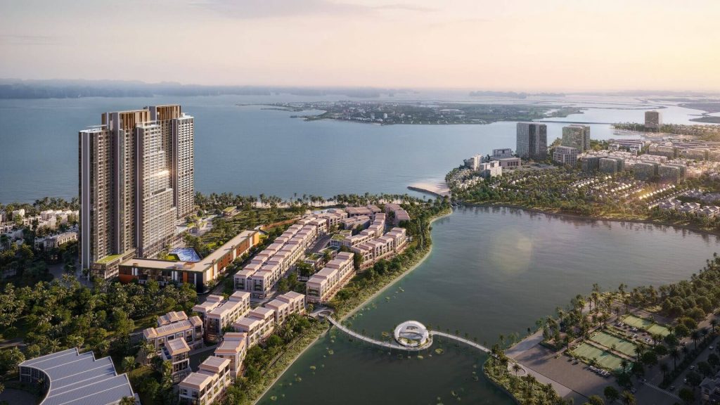 Imperia Holiday Vị Trí Kim Cương và Cơ Hội Đầu Tư Bền Vững 3 Phối cảnh Imperia Holiday Hạ Long nhìn từ trên cao với tòa tháp ven biển, khu biệt thự liền kề và hồ cảnh quan
