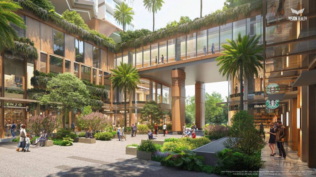 Quảng trường xanh mát, bao quanh bởi hệ shophouse – retail sầm uất và những tuyến skywalk hiện đại kết nối toàn khu. Mỗi góc đều được chăm chút như một resort, mang đến trải nghiệm sống – giải trí – mua sắm đẳng cấp ngay dưới chân nhà.